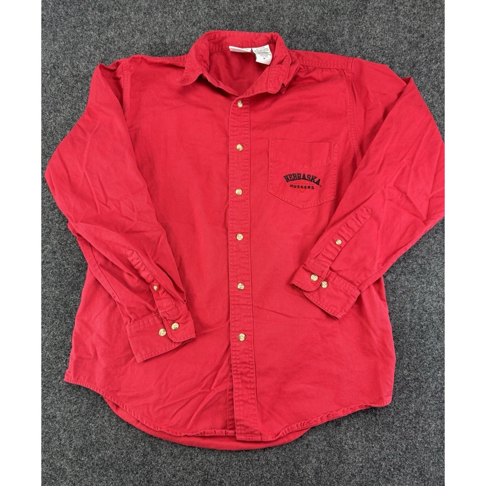 Vintage Nebraska Huskers Button Up Shirt Red Oak Twill Embroidered Logo M